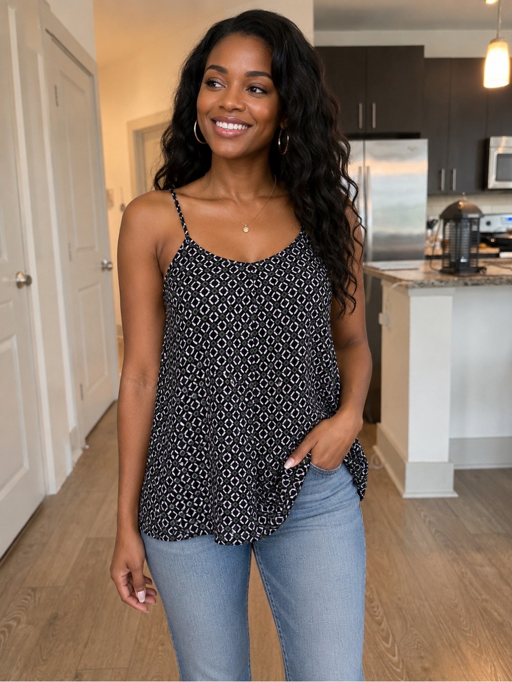 Black Printed Spaghetti Strap Tank Top